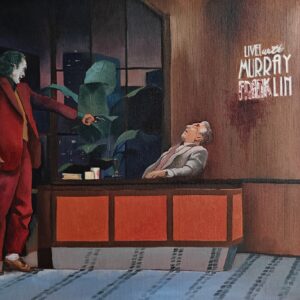 Professional oil on canvas portrait of Joaquin Phoenix as the Joker, high-fidelity pop culture realism artwork depicting the live television scene with Murray Franklin.