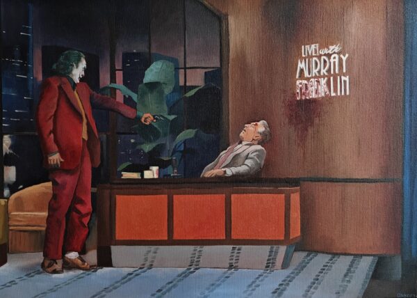 Professional oil on canvas portrait of Joaquin Phoenix as the Joker, high-fidelity pop culture realism artwork depicting the live television scene with Murray Franklin.