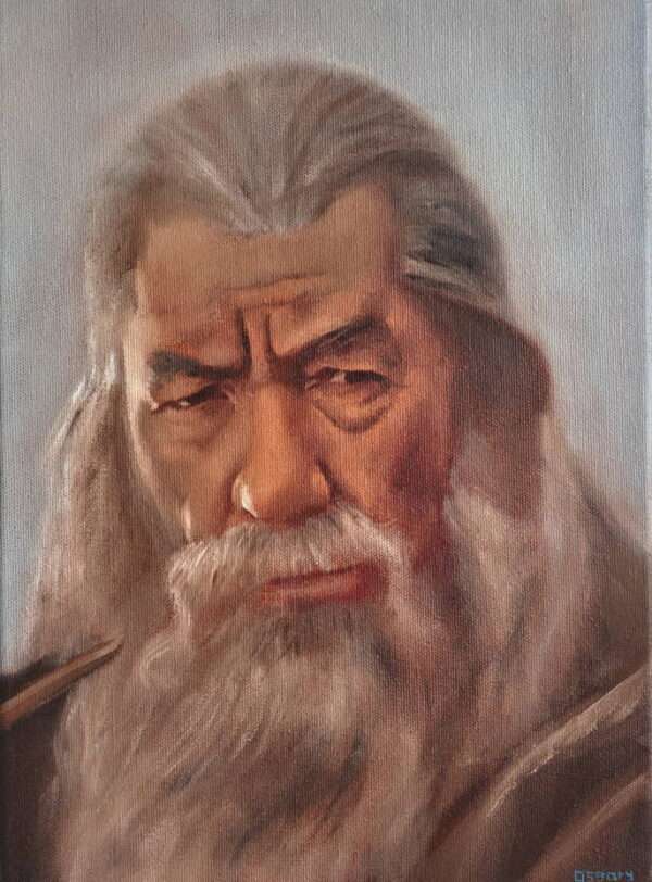 Close-up oil painting of Ian McKellen as Gandalf the Grey. Realistic Lord of the Rings portrait art on canvas.