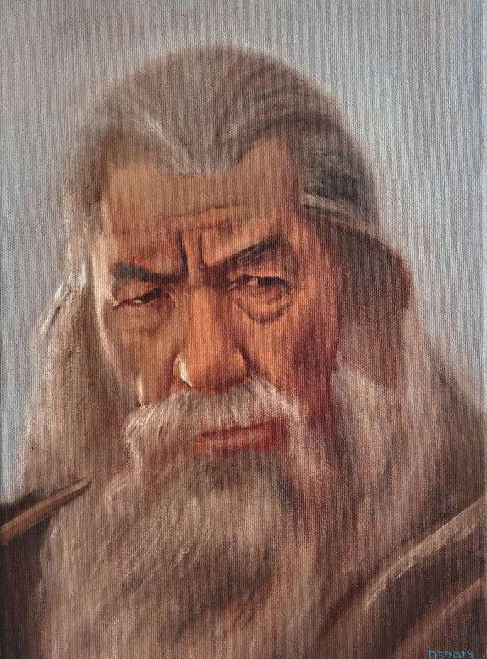 Close-up oil painting of Ian McKellen as Gandalf the Grey. Realistic Lord of the Rings portrait art on canvas.