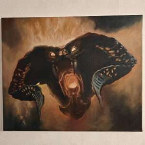 The Balrog original oil painting displayed on a wall to demonstrate its 50x61cm scale and cinematic impact
