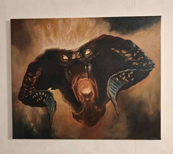 The Balrog original oil painting displayed on a wall to demonstrate its 50x61cm scale and cinematic impact