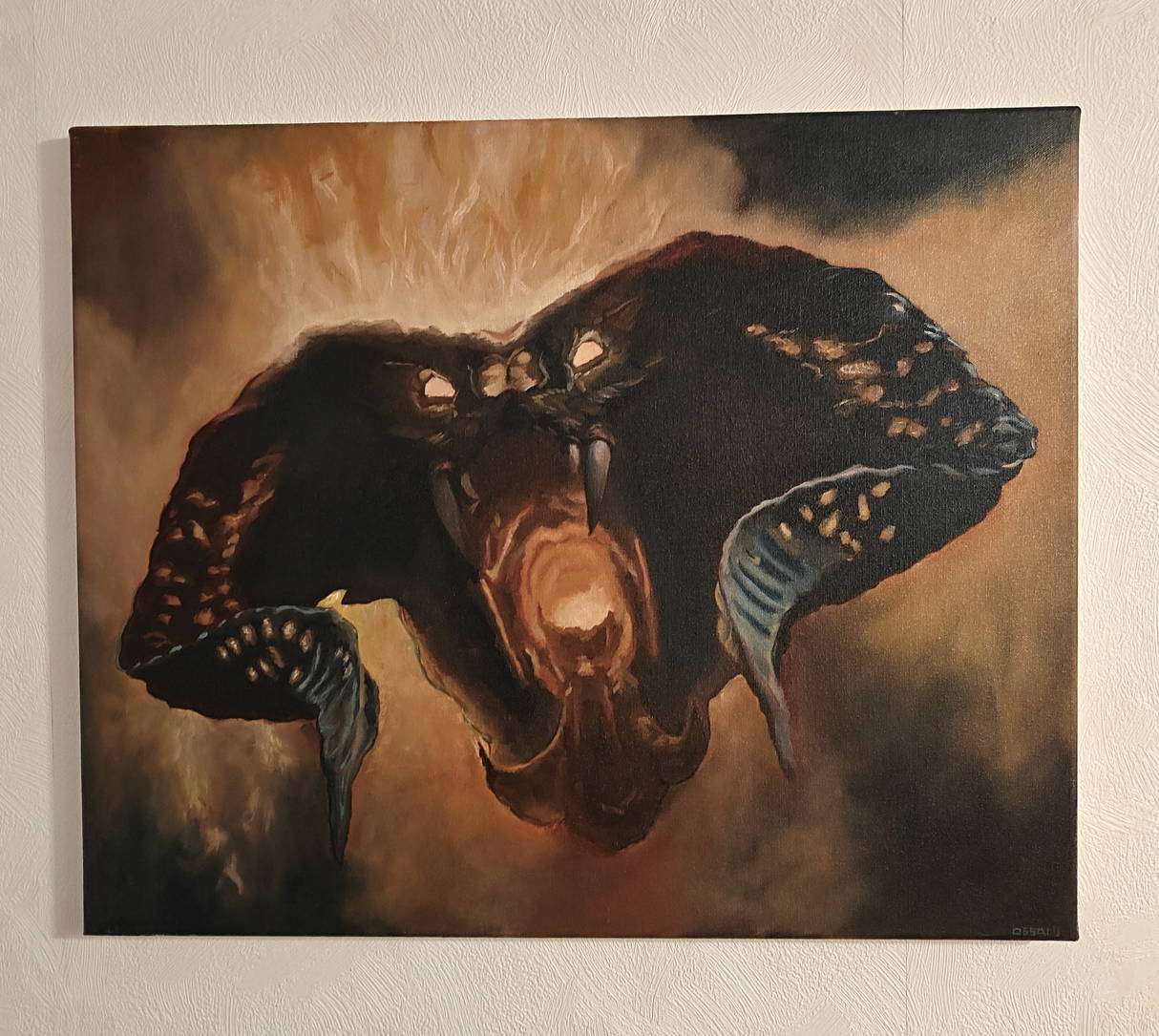 The Balrog original oil painting displayed on a wall to demonstrate its 50x61cm scale and cinematic impact