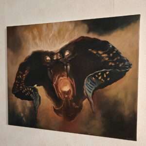 Angled side view highlighting the stretched canvas profile and the deep, atmospheric shadows of the Balrog oil painting