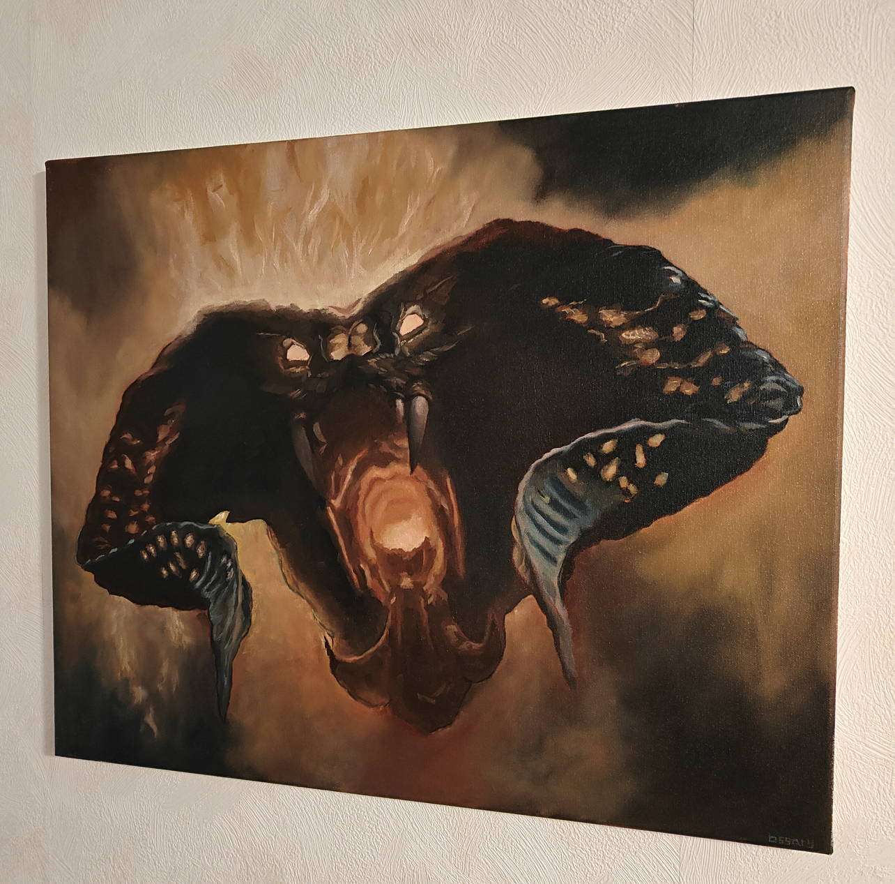 Angled side view highlighting the stretched canvas profile and the deep, atmospheric shadows of the Balrog oil painting