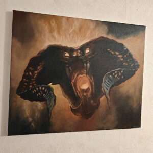 Side angle view of Balrog painting on canvas showing the texture of the oil paint and the wrapped edges. Close-up of the fiery lighting effects on the demon's horns.