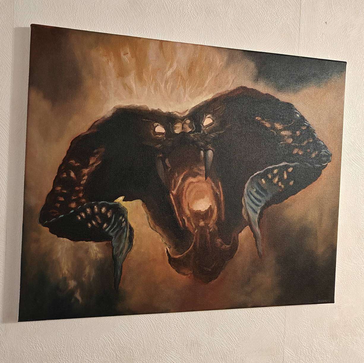 Side angle view of Balrog painting on canvas showing the texture of the oil paint and the wrapped edges. Close-up of the fiery lighting effects on the demon