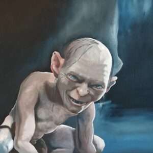 Front view of the 50x61cm Gollum original oil painting on canvas capturing the Lord of the Rings character