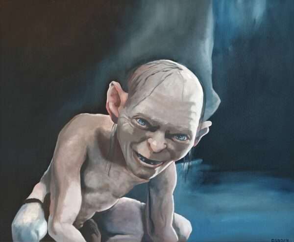 Front view of the 50x61cm Gollum original oil painting on canvas capturing the Lord of the Rings character