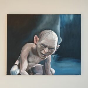 Close-up detail showing the expressive eyes and unvarnished oil textures on the Gollum original oil painting