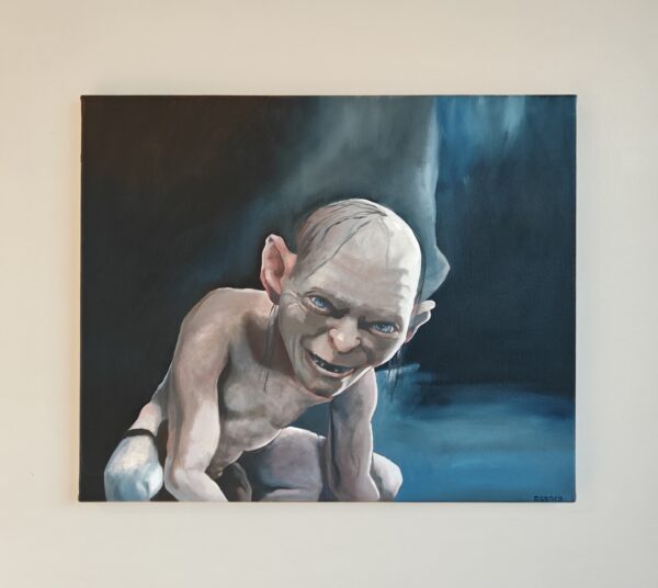 Close-up detail showing the expressive eyes and unvarnished oil textures on the Gollum original oil painting