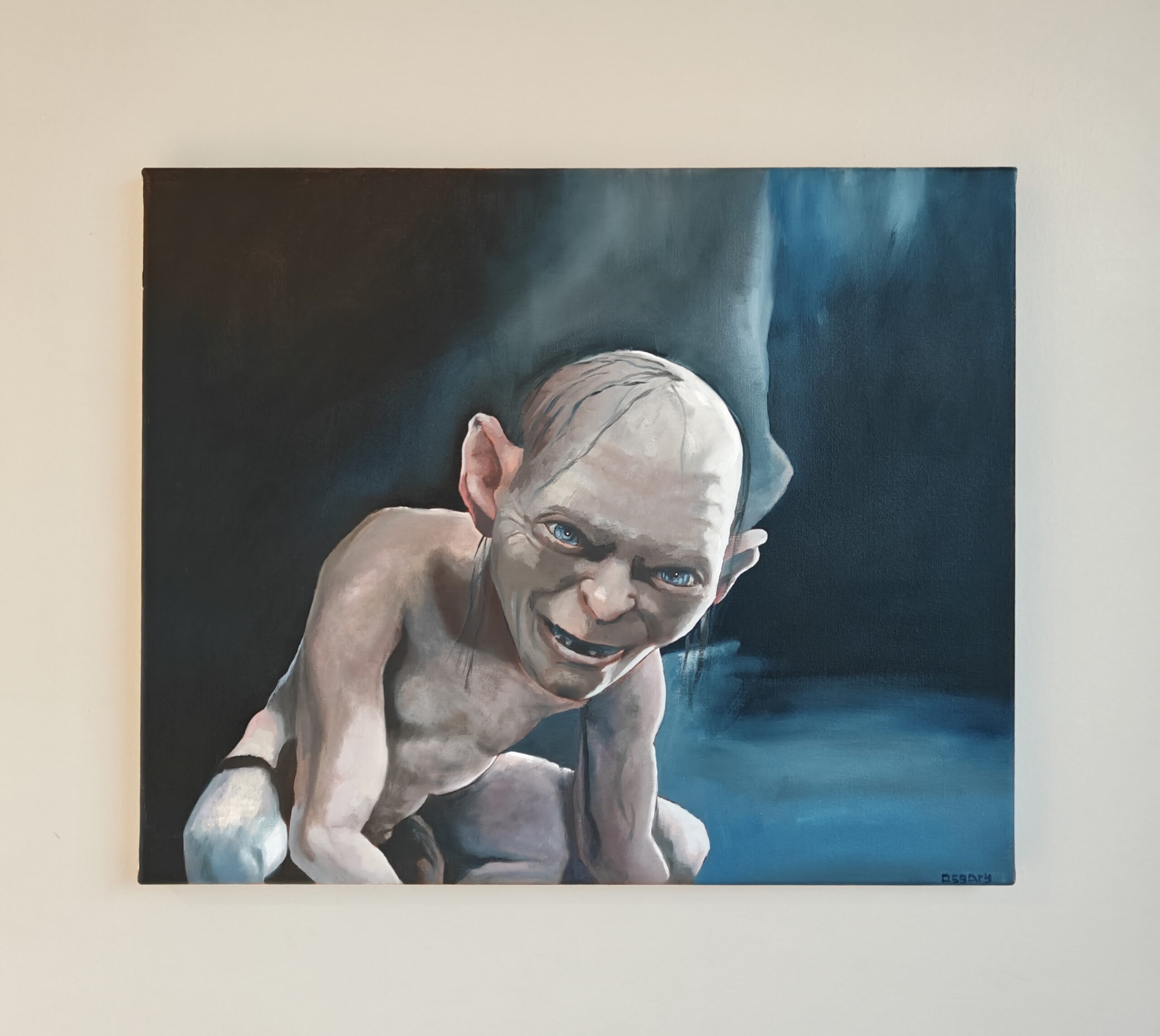 Close-up detail showing the expressive eyes and unvarnished oil textures on the Gollum original oil painting