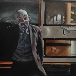 Front view of the 21x40cm Joker bank heist original oil painting on a wood panel capturing the Dark Knight mask