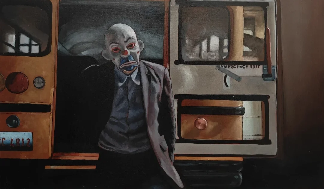 Front view of the 21x40cm Joker bank heist original oil painting on a wood panel capturing the Dark Knight mask