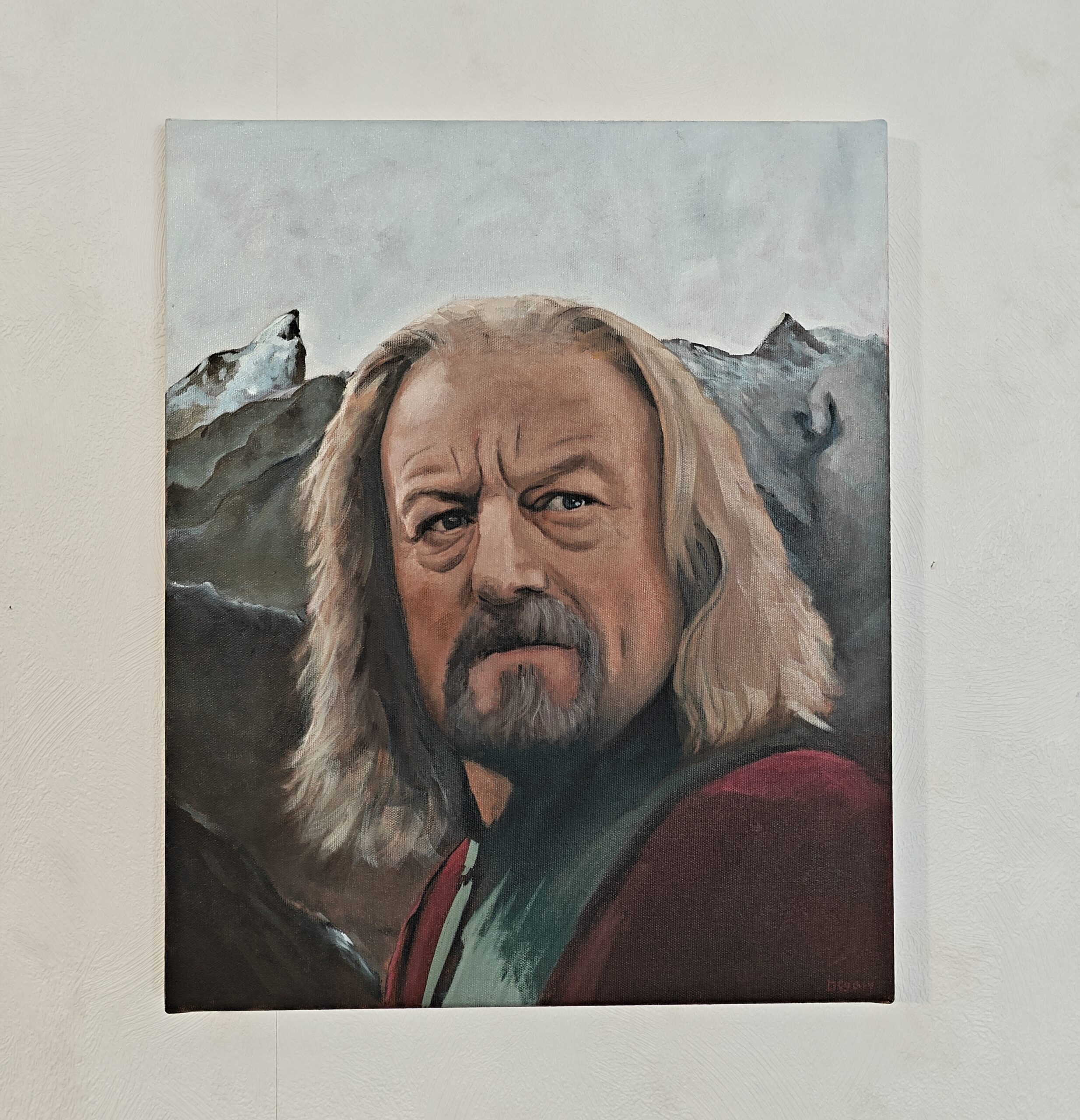 Detailed oil painting of King Théoden of Rohan in battle armor. Realistic Lord of the Rings fine art on canvas by Oskari Myllymäki.