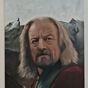 Moody cinematic portrait of Bernard Hill as Theoden. Dark fantasy oil painting for home theater decor by Oskari Myllymäki.