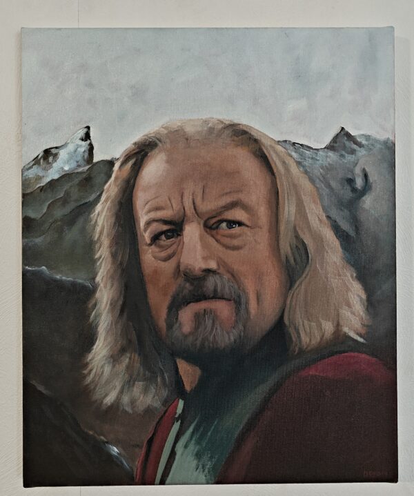 Moody cinematic portrait of Bernard Hill as Theoden. Dark fantasy oil painting for home theater decor by Oskari Myllymäki.
