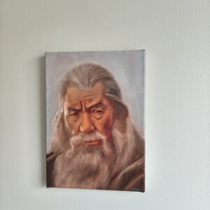 Original Gandalf oil painting hanging on a wall by Oskari Myllymäki, showcasing the scale and presence of the canvas.