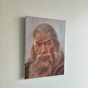 Side view of the original Gandalf oil painting by Oskari Myllymäki, showing the depth and wrapped edges of the stretched canvas.