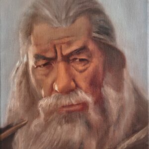 Close-up detail of the original Gandalf oil painting by Oskari Myllymäki, highlighting the high-fidelity realism and fine brushwork.