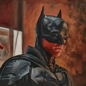 Oil painting of Robert Pattinson as Batman from the 2022 film. The Dark Knight stands in profile wearing his detailed armor and cowl against a moody, textured red background. High-fidelity cinematic art on canvas.
