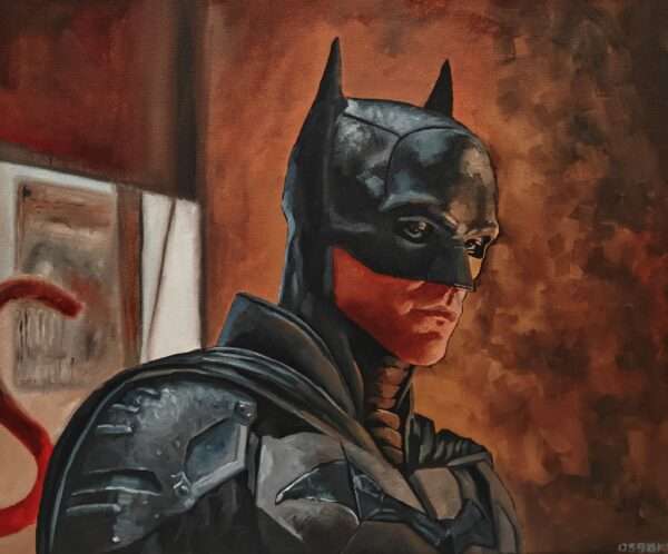 Oil painting of Robert Pattinson as Batman from the 2022 film. The Dark Knight stands in profile wearing his detailed armor and cowl against a moody, textured red background. High-fidelity cinematic art on canvas.