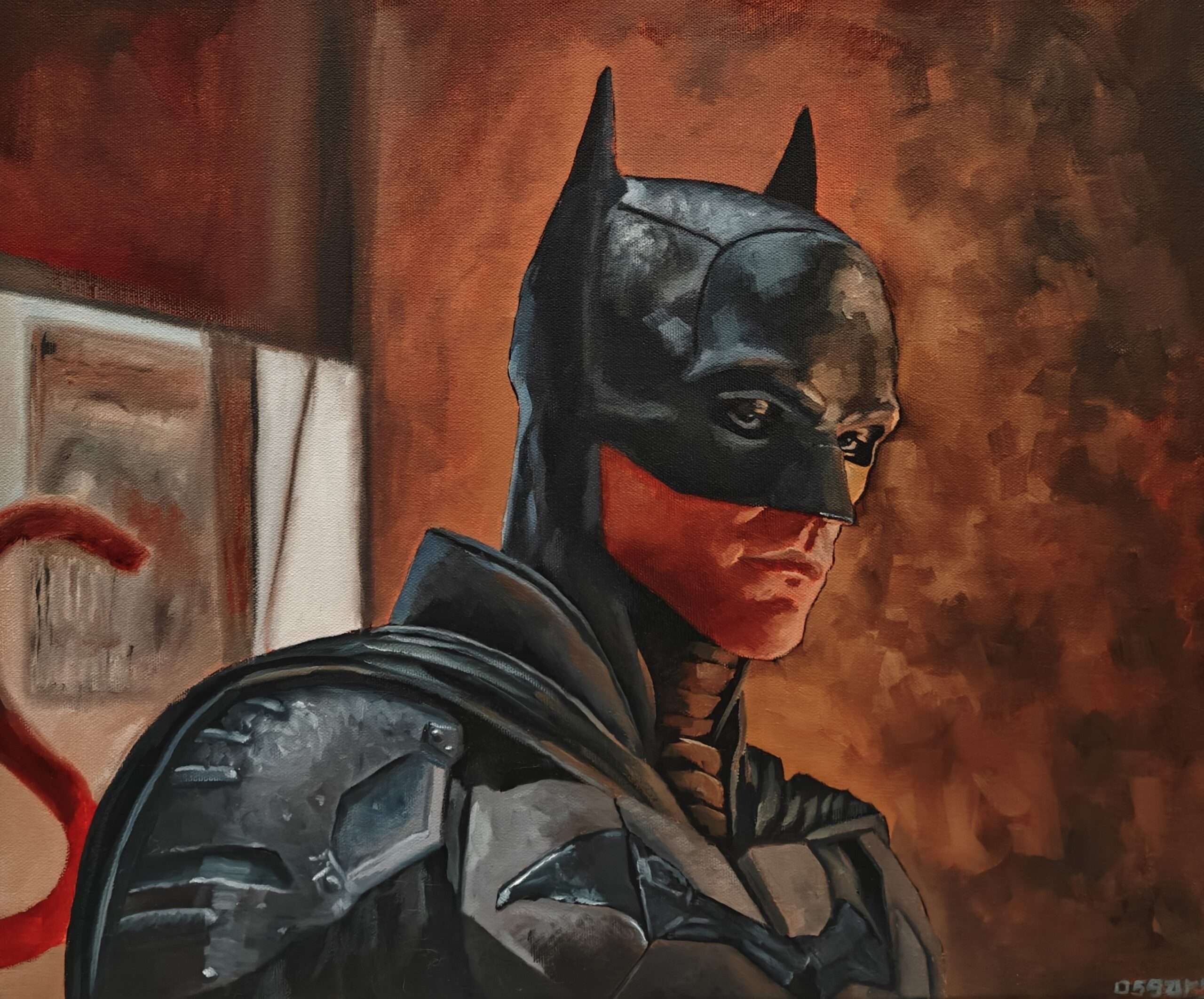 Oil painting of Robert Pattinson as Batman from the 2022 film. The Dark Knight stands in profile wearing his detailed armor and cowl against a moody, textured red background. High-fidelity cinematic art on canvas.