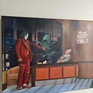 Hand-painted oil on canvas study of cinematic character lighting and composition, featuring the Joker on the Murray Franklin set, interpreted through traditional high-fidelity techniques.