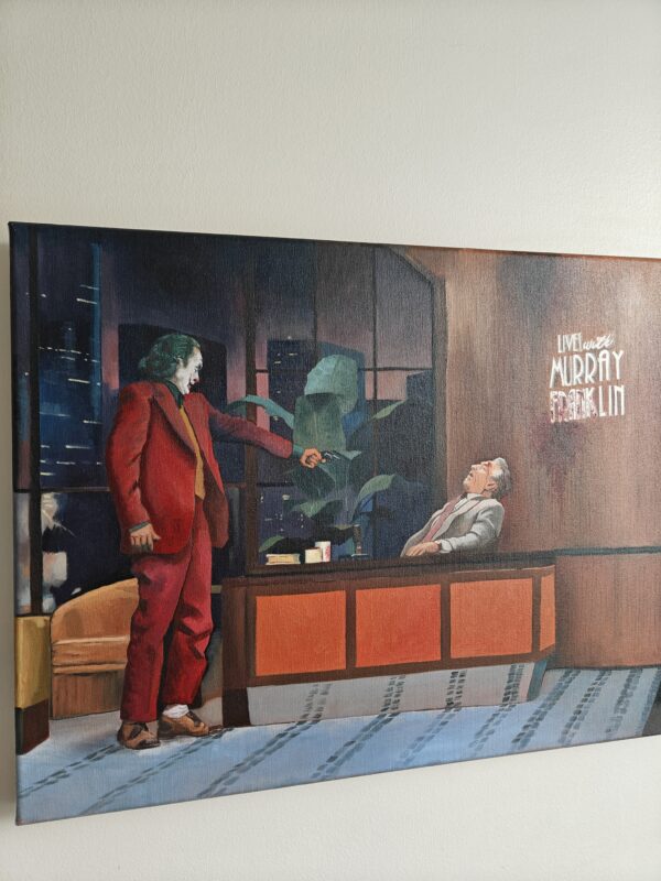 Hand-painted oil on canvas study of cinematic character lighting and composition, featuring the Joker on the Murray Franklin set, interpreted through traditional high-fidelity techniques.