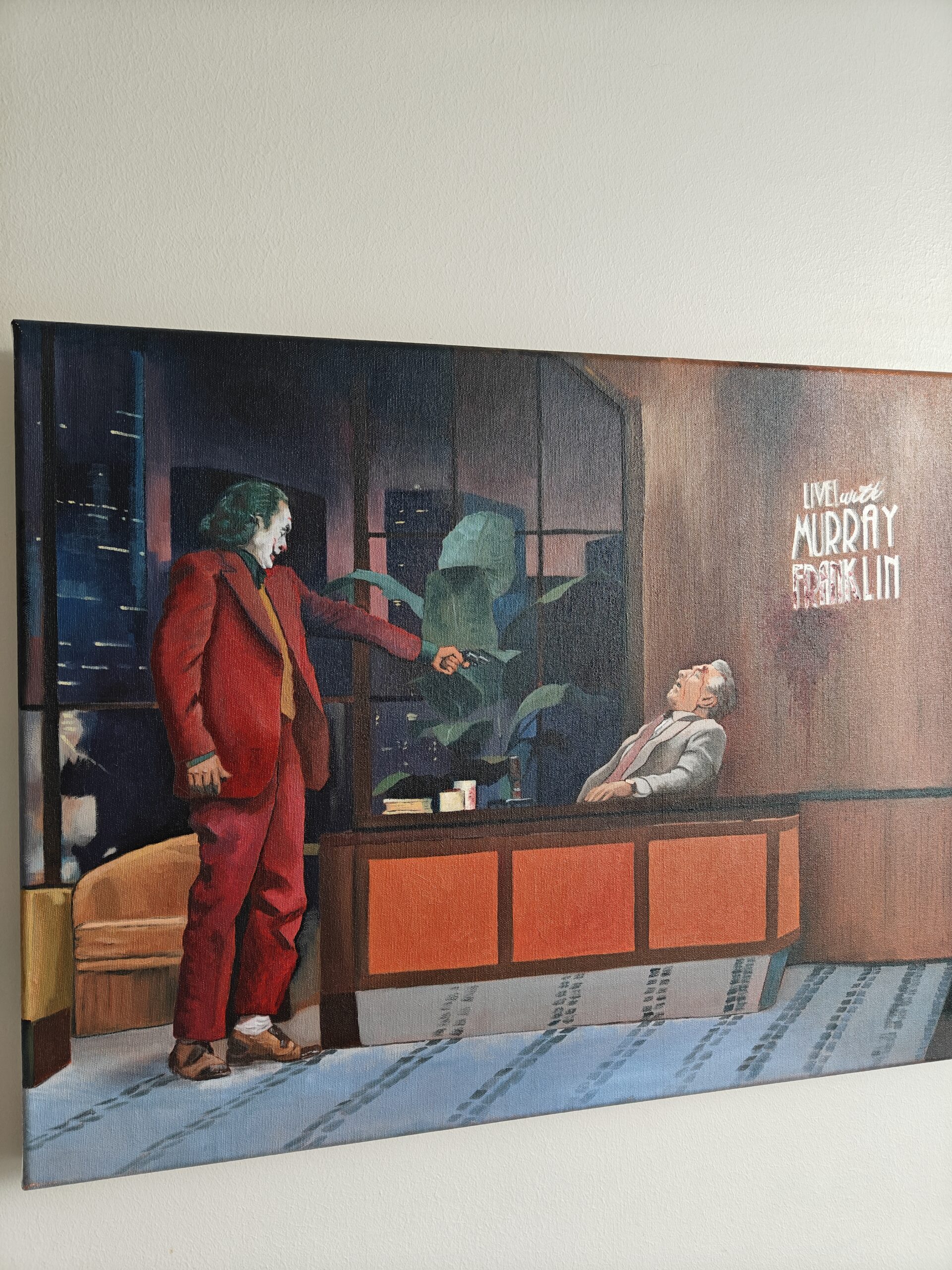 Hand-painted oil on canvas study of cinematic character lighting and composition, featuring the Joker on the Murray Franklin set, interpreted through traditional high-fidelity techniques.