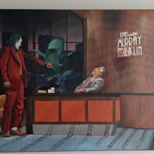 High-fidelity oil painting of the Joker's 'Murray Franklin' show scene, featuring Arthur Fleck in a red suit pointing a pistol, hand-painted on canvas with cinematic detail.