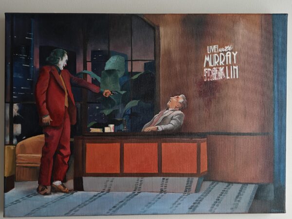 High-fidelity oil painting of the Joker's 'Murray Franklin' show scene, featuring Arthur Fleck in a red suit pointing a pistol, hand-painted on canvas with cinematic detail.