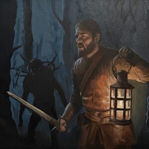 Original "Night Watchman" oil painting on canvas by Oskari Myllymäki, a large 50x100 cm high-fidelity fantasy art piece depicting a warrior in a lantern-lit forest.