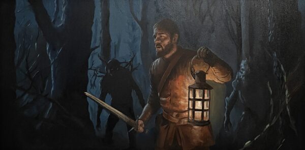 Original "Night Watchman" oil painting on canvas by Oskari Myllymäki, a large 50x100 cm high-fidelity fantasy art piece depicting a warrior in a lantern-lit forest.
