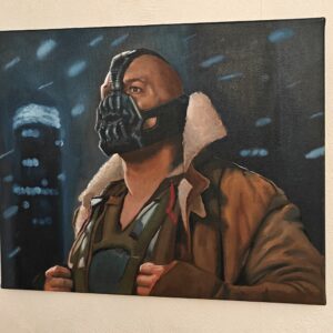 Fine art oil painting of Tom Hardy as Bane. Original contemporary pop culture realism by artist Oskari Myllymäki.