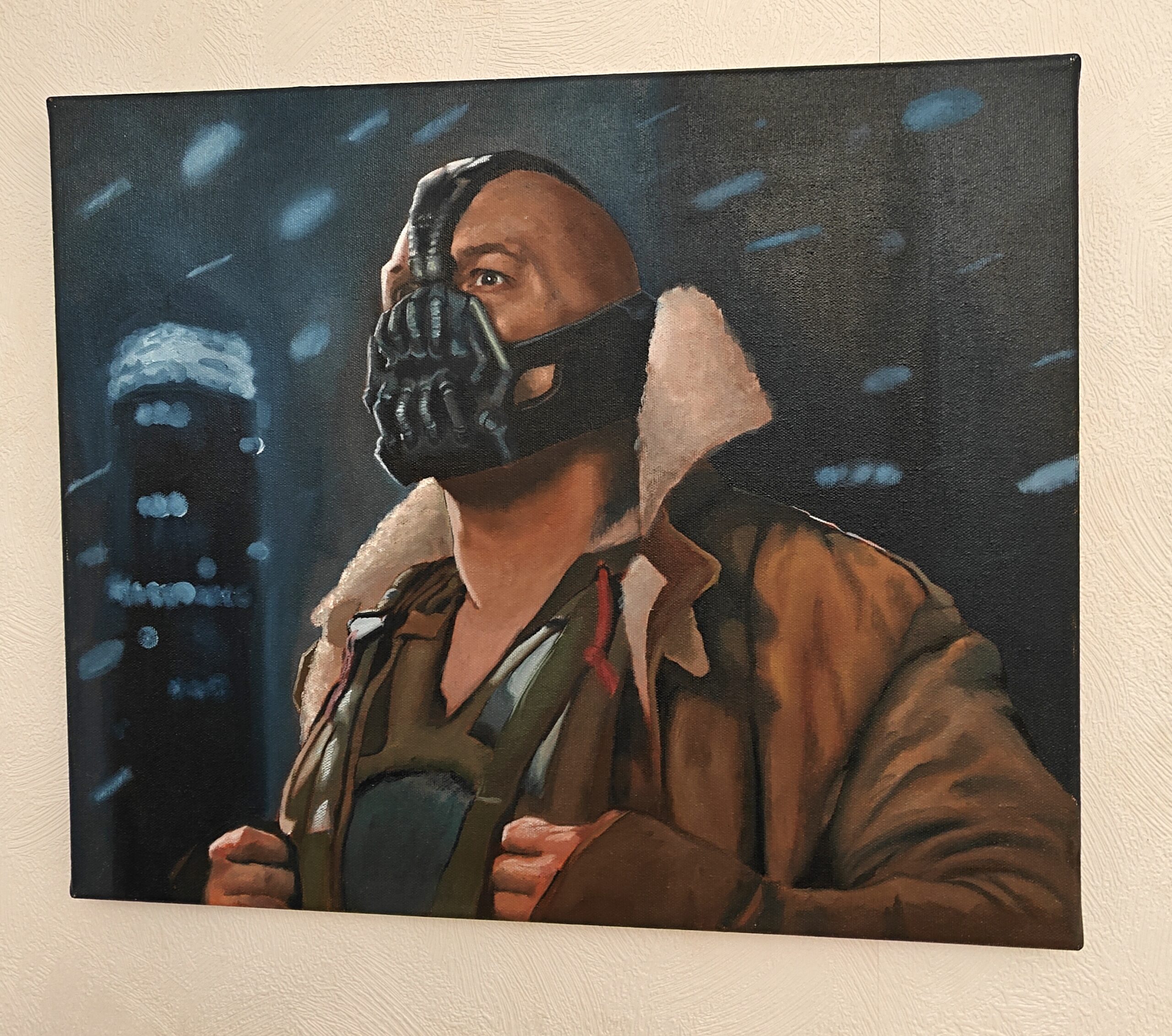 Fine art oil painting of Tom Hardy as Bane. Original contemporary pop culture realism by artist Oskari Myllymäki.