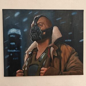 Menacing portrait of the Batman villain Bane (Tom Hardy) wearing the iconic mask. Hand-painted oil on canvas by Oskari Myllymäki.