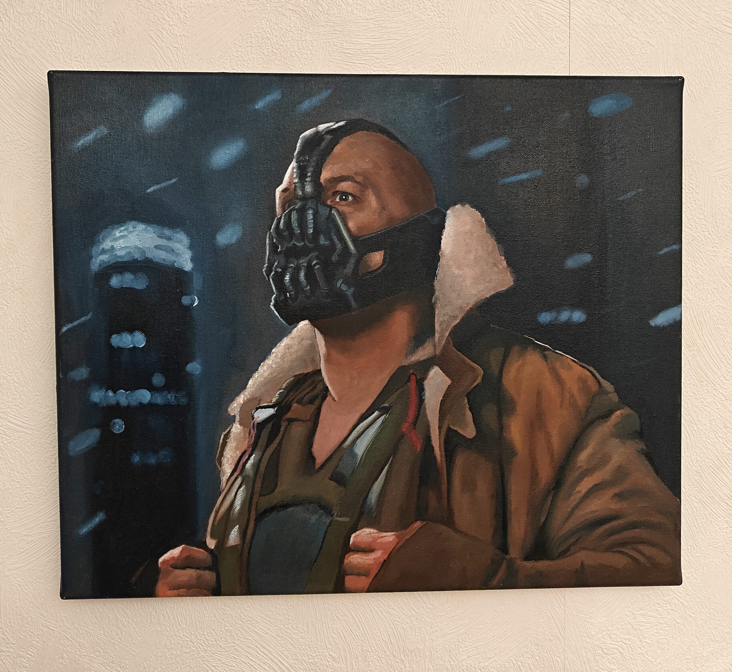 Menacing portrait of the Batman villain Bane (Tom Hardy) wearing the iconic mask. Hand-painted oil on canvas by Oskari Myllymäki.