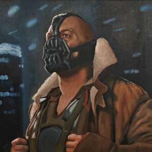 Front view of the 38x46cm Bane original oil painting on canvas capturing the Dark Knight Rises antagonist⁠