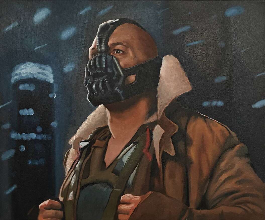 Front view of the 38x46cm Bane original oil painting on canvas capturing the Dark Knight Rises antagonist⁠