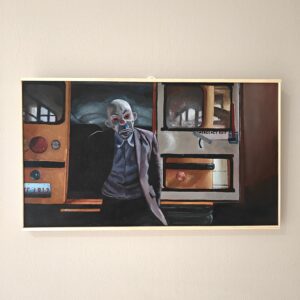 Original oil painting of The Joker (Heath Ledger) wearing the bank robber mask. The Dark Knight school bus opening scene on canvas by Oskari Myllymäki.