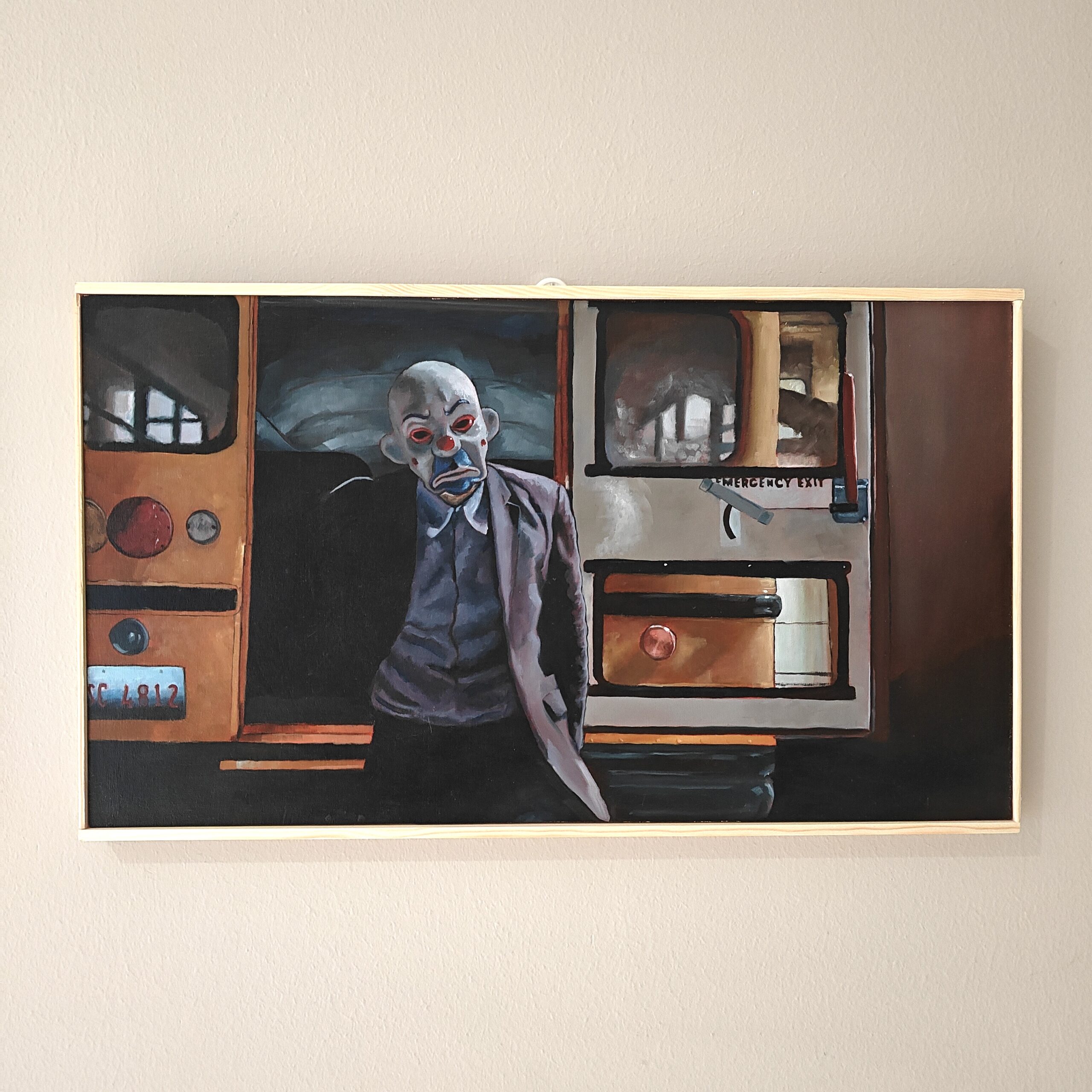 Original oil painting of The Joker (Heath Ledger) wearing the bank robber mask. The Dark Knight school bus opening scene on canvas by Oskari Myllymäki.