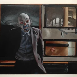 oil painting on wood panel depicting the Joker from The Dark Knight heist scene. He stands in a grey suit and clown mask in front of an open school bus door.