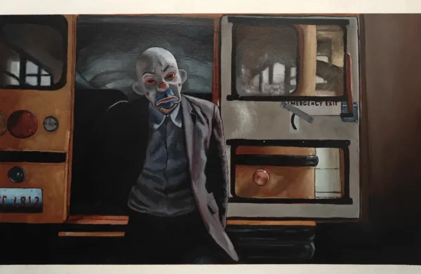oil painting on wood panel depicting the Joker from The Dark Knight heist scene. He stands in a grey suit and clown mask in front of an open school bus door.