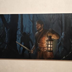 Atmospheric dark fantasy oil painting by Oskari Myllymäki, using cinematic realism to capture a man with a sword and lantern encountering monsters in the woods.
