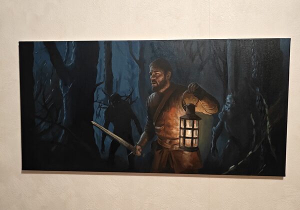 Atmospheric dark fantasy oil painting by Oskari Myllymäki, using cinematic realism to capture a man with a sword and lantern encountering monsters in the woods.