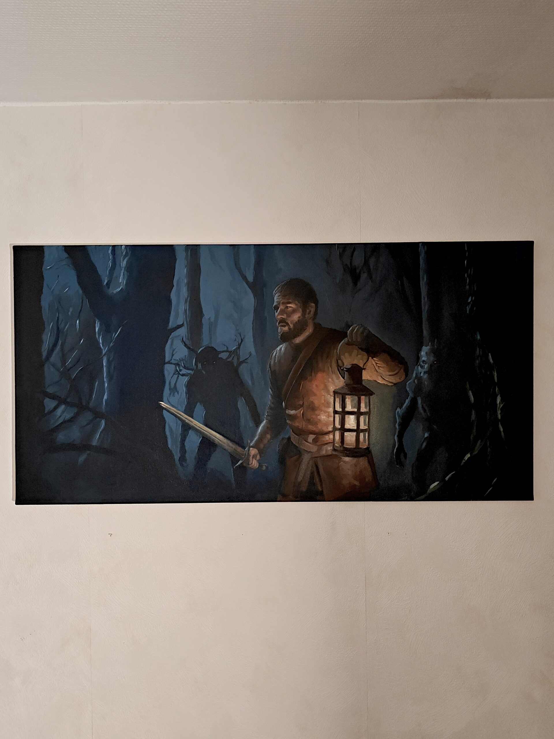 Hand-painted original oil on canvas titled "Night Watchman" by Oskari Myllymäki, professional high-fidelity realism by an artist collected by Bryan Cranston.