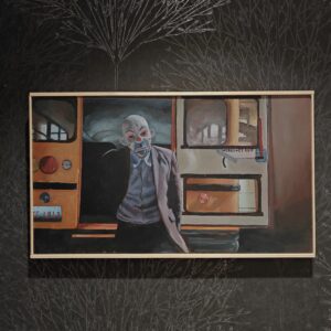 The Dark Knight opening scene oil painting. Heath Ledger Joker bank heist art with yellow school bus. Cinematic wall decor by Oskari Myllymäki.