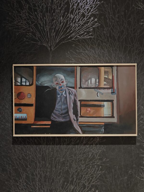 The Dark Knight opening scene oil painting. Heath Ledger Joker bank heist art with yellow school bus. Cinematic wall decor by Oskari Myllymäki.