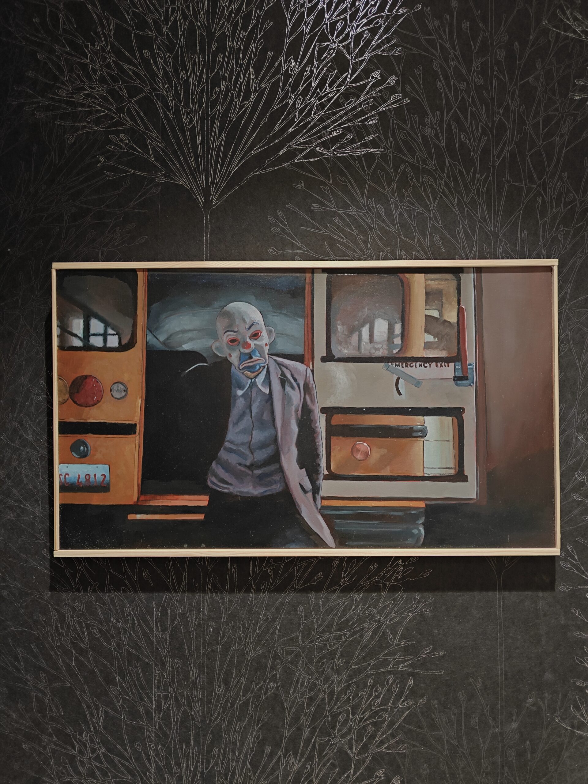 The Dark Knight opening scene oil painting. Heath Ledger Joker bank heist art with yellow school bus. Cinematic wall decor by Oskari Myllymäki.